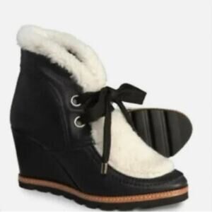 Fabianelli Italian Black Wedge Lace-Up Bootie with Faux Fur Sherpa Trim, EU 37